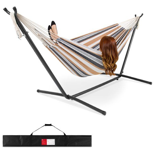 Photo 1 of Best Choice Products 2-Person Brazilian-Style Cotton Double Hammock with Stand Set w/ Carrying Bag - Desert Stripes
