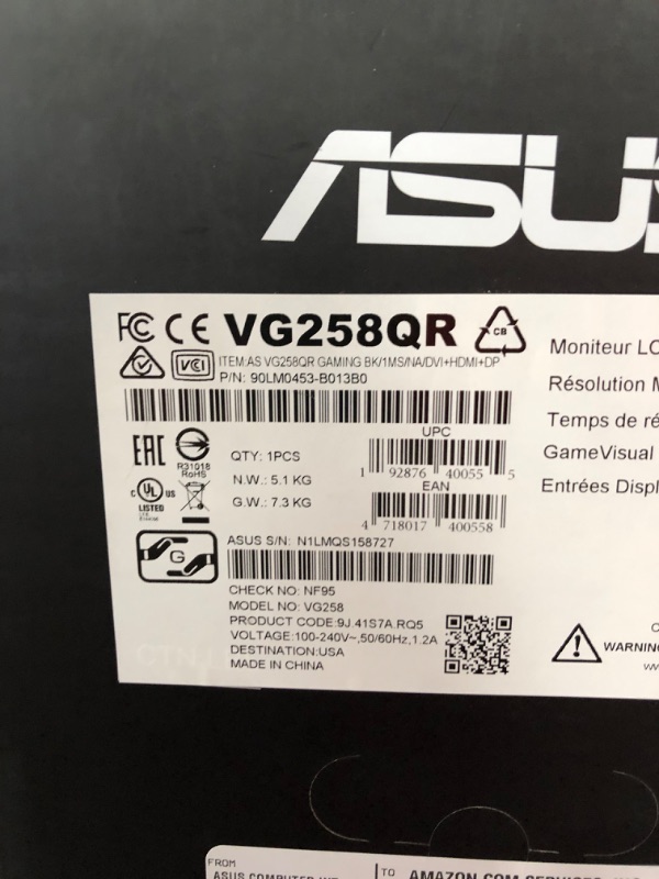 Photo 2 of ASUS 24.5" 1080P Gaming Monitor (VG258QR) - Full HD, 165Hz (Supports 144Hz), 0.5ms, Extreme Low Motion Blur, Speaker, Adaptive-Sync, G-SYNC Compatible, VESA Mountable, DisplayPort, HDMI, DVI-D
