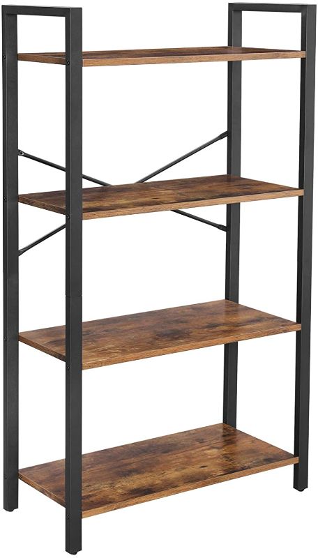 Photo 1 of Bookshelf, 4-Tier Office Shelves, Living Room Standing Shelf Unit, Stable Steel Frame, Bedroom, Office, Industrial Design, Rustic Brown