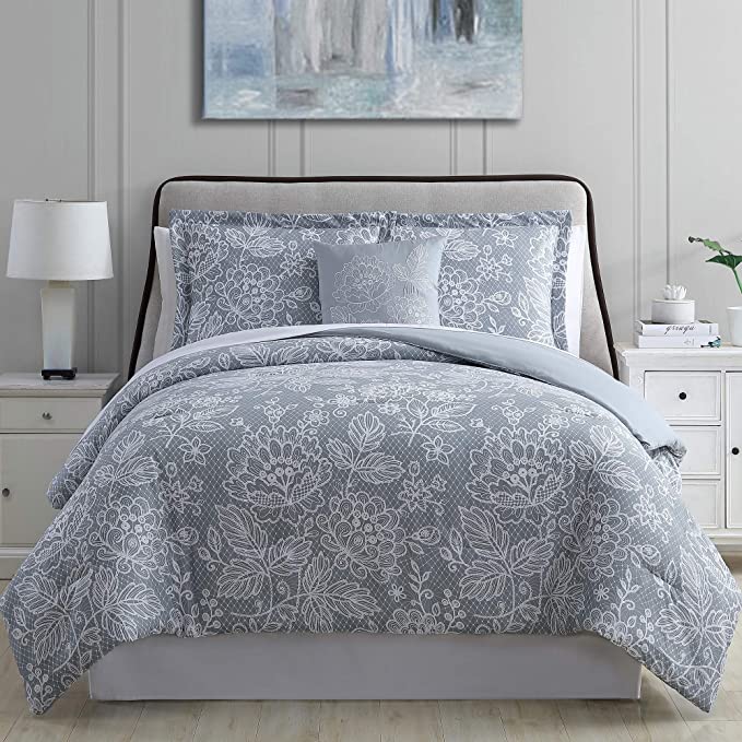 Photo 1 of Amrapur Overseas | Olivia 8-Piece Printed Reversible Bed in a Bag (Silver Blue, Queen)
