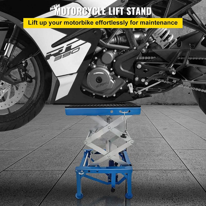 Photo 1 of 300LBS Motorcycle Jack, Hydraulic Motorcycle Scissor Jack, Portable Lift Table, Adjustable Motorcycle Lift Jack, Blue Motorcycle Lift Stand with Lockable Casters