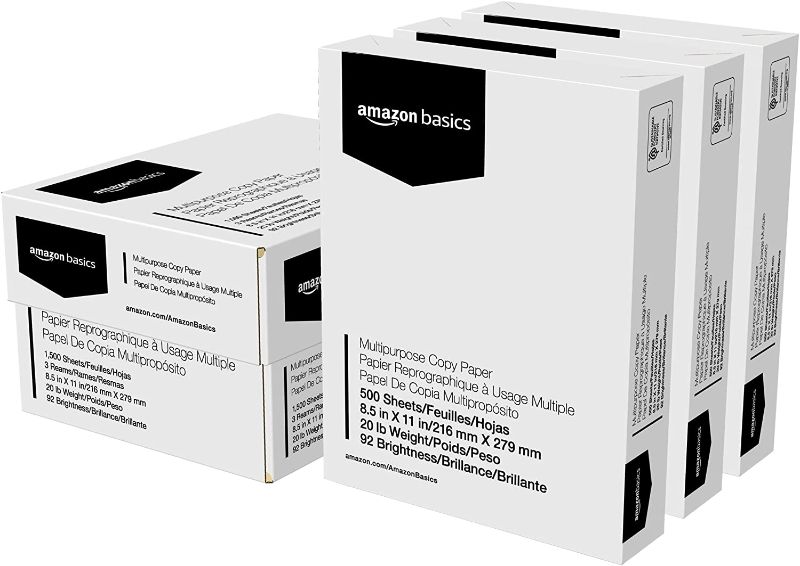 Photo 1 of Amazon Basics Multipurpose Copy Printer Paper - White, 8.5 x 11 Inches, 3 Ream Case (1,500 Sheets) FACTORY SEALED 
