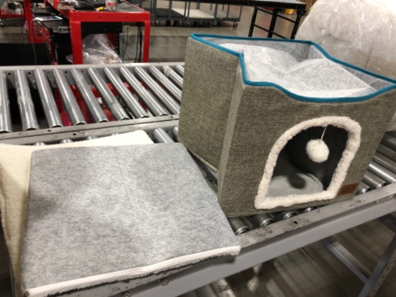 Photo 2 of Bedsure Cat Beds for Indoor Cats - Large Cat House for Pet Cat Cave with Cat Scratch Pad and Fluffy Ball Hanging, Foldable Cat Hidewawy,16.5x16.5x14 inches
