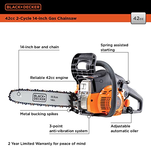 Photo 6 of BLACK+DECKER BXGCS1442P 42cc 2-Cycle 14-inch Gas Chainsaw, Black and Orange
