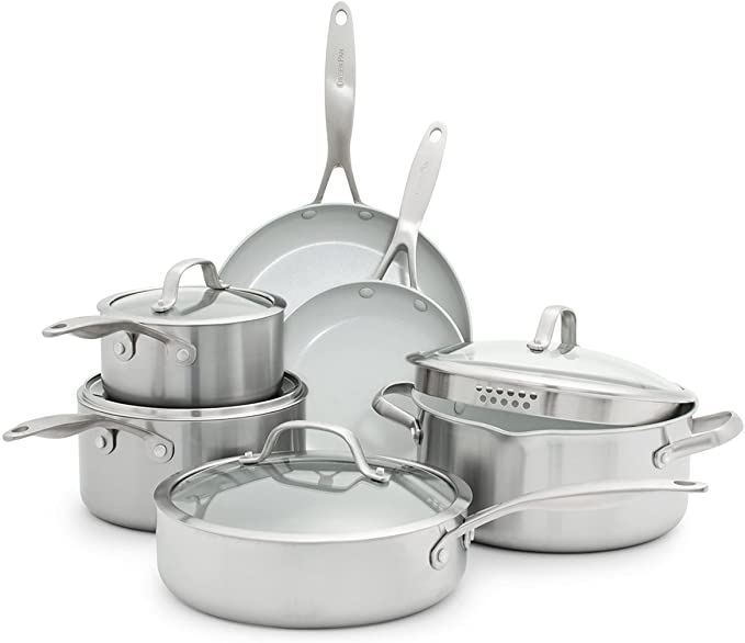 Photo 1 of GreenPan Venice Pro Tri-Ply Stainless Steel Healthy Ceramic Nonstick 10 Piece Cookware Pots and Pans Set, PFAS-Free, Multi Clad, Induction, Dishwasher Safe, Oven Safe, Silver
