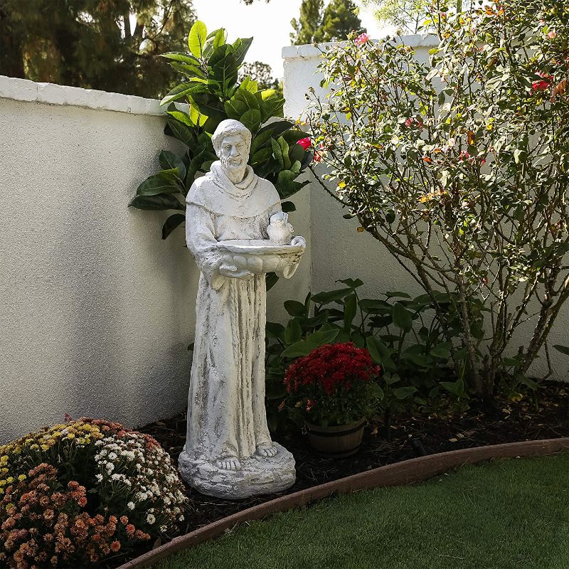 Photo 1 of Alpine Corporation 45" Tall Outdoor Saint Francis Birdbath Statue Yard Art Decoration, Light Gray
