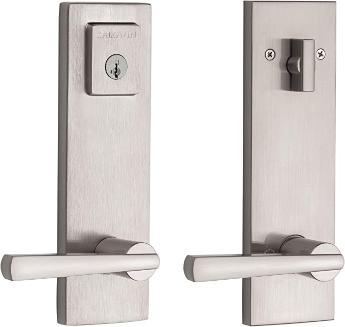 Photo 1 of Baldwin Spyglass Single Cylinder Front Door Handleset Featuring SmartKey Security in Satin Nickel, Prestige Series with a Modern Contemporary Slim Door Handleset and Square Lever