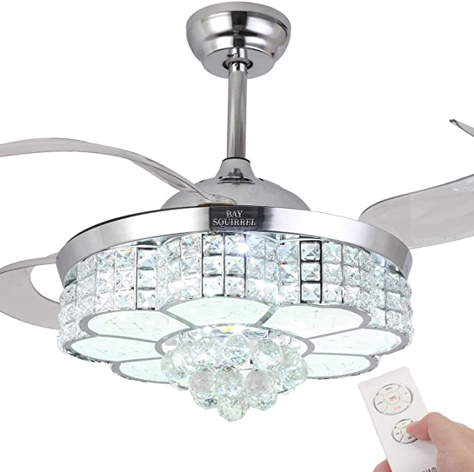 Photo 1 of BAYSQUIRREL Crystal Ceiling Fan with Light and Remote LED Modern Retractable Invisible Ceiling Fan 3 Light Change Silent Fan Chandelier 36W 42 inch (Chrome)
