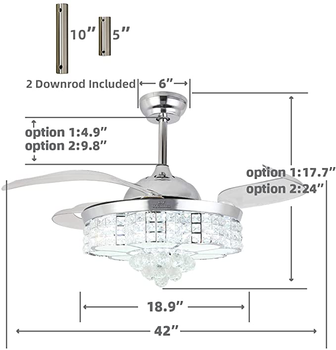 Photo 5 of BAYSQUIRREL Crystal Ceiling Fan with Light and Remote LED Modern Retractable Invisible Ceiling Fan 3 Light Change Silent Fan Chandelier 36W 42 inch (Chrome)
