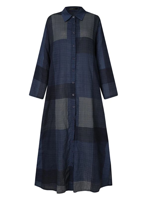 Photo 3 of Women Casual Plaid Lapel Long Sleeve Button Vintage Shirt Maxi Dress SIZE XL 