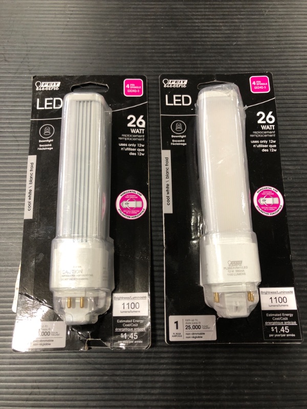 Photo 2 of 26-Watt Equivalent PL Horizontal CFLNI 4-Pin Plug-in GX24Q-3 Base CFL Replacement LED Light Bulb, Cool White 4100K. LOT OF 2. OPEN PACKAGE. 
