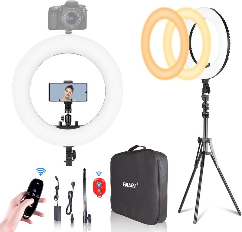 Photo 1 of Emart 18-inch Ring Light with Stand, Big Adjustable 3200-5500K LED Lights Ring with Ultra-wide Lighting Area for Camera Photography, YouTube Videos, Makeup (Kit: Phone Holder, Remote, Soft Tube, etc.)
