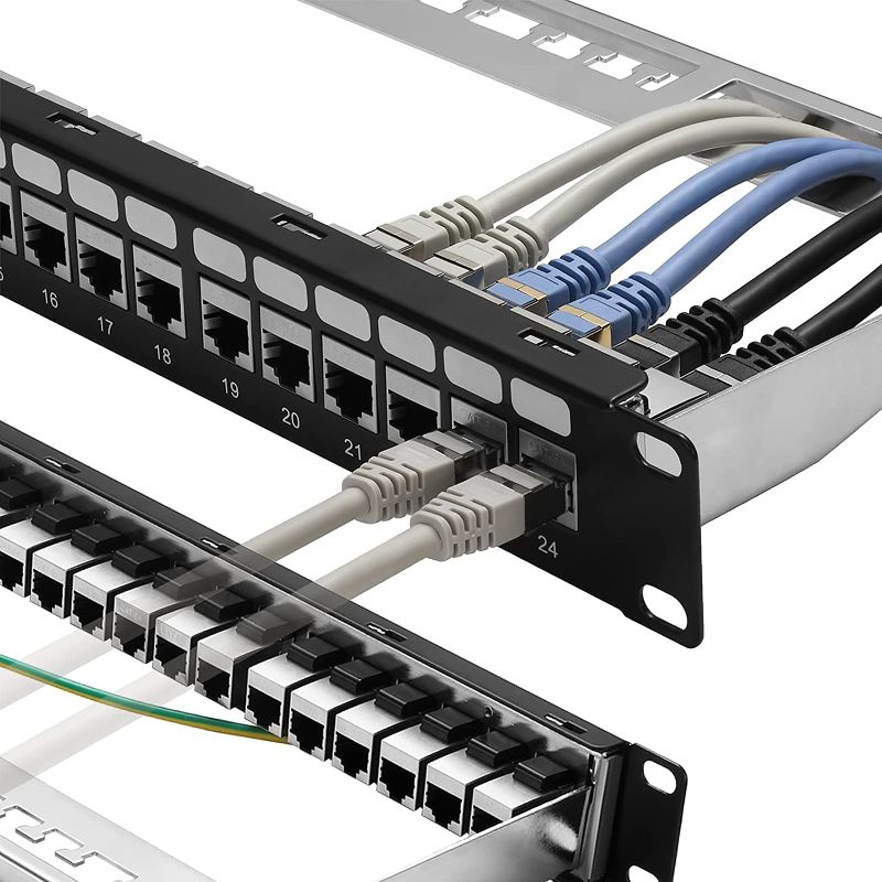 Photo 1 of Patch Panel 24 Port Cat6A with Inline Keystone 10G Support, Rapink Coupler Patch Panel STP Shielded 19-Inch with Removable Back Bar, 1U Network Patch Panel for Cat7
