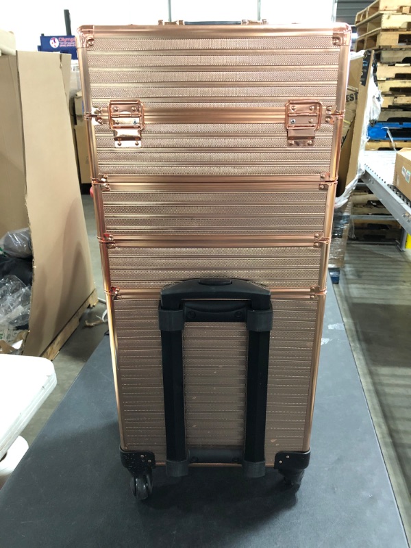 Photo 1 of Rolling Train Case 5-in-1 Portable Makeup Train Case Professional Cosmetic Organizer Makeup Traveling case Trolley Cart Trunk (Rose Gold). PRIOR USE. SLIGHTLY BENT.
