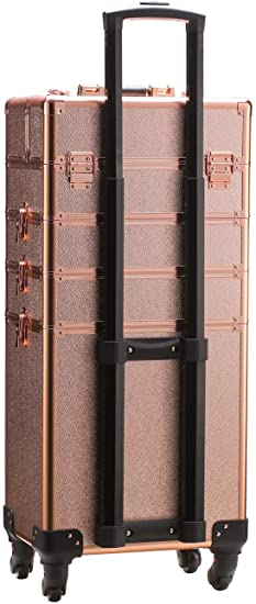 Photo 2 of Rolling Train Case 5-in-1 Portable Makeup Train Case Professional Cosmetic Organizer Makeup Traveling case Trolley Cart Trunk (Rose Gold). PRIOR USE. SLIGHTLY BENT.
