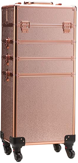 Photo 1 of Rolling Train Case 5-in-1 Portable Makeup Train Case Professional Cosmetic Organizer Makeup Traveling case Trolley Cart Trunk (Rose Gold). PRIOR USE. SLIGHTLY BENT.
