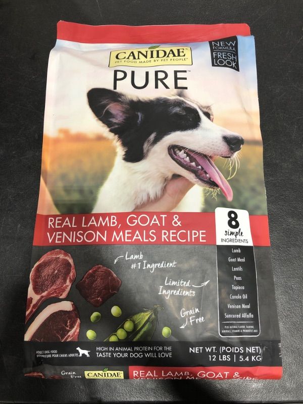 Photo 2 of CANIDAE Grain-Free PURE Limited Ingredient Lamb, Goat & Venison Meals Recipe Dry Dog Food, 12-lb Bag
MANUFACTURE'S DATE 06/03/2019.