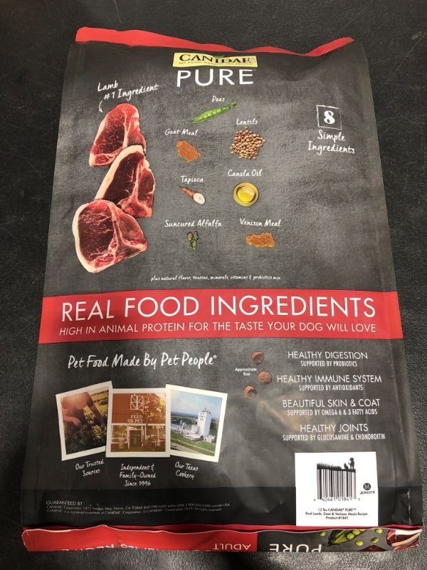 Photo 1 of CANIDAE Grain-Free PURE Limited Ingredient Lamb, Goat & Venison Meals Recipe Dry Dog Food, 12-lb Bag
MANUFACTURE'S DATE 06/03/2019.