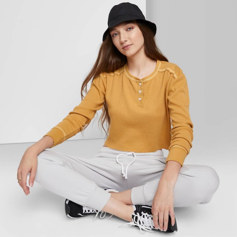 Photo 1 of Women's Long Sleeve Boxy Waffle Henley T-Shirt - Wild Fable™ XS
