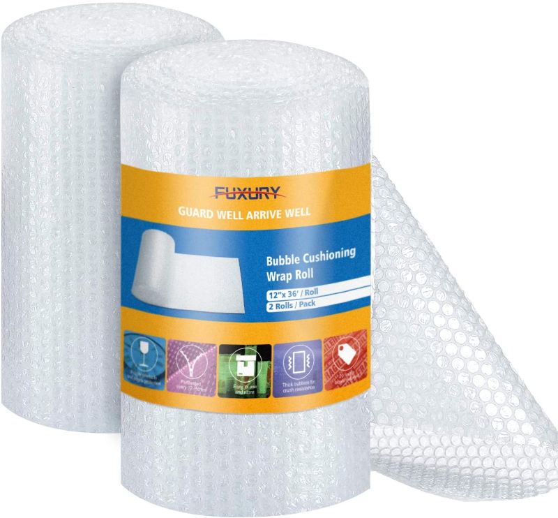 Photo 1 of 2-Pack Bubble Cushion Wrap Roll, Fuxury 12 Inch x 72 Feet Total Air Bubble Cushioning Wrap, Perforated Every 12", Included 20 Fragile Sticker Labels for Packaging Moving Shipping Boxes Supplies
