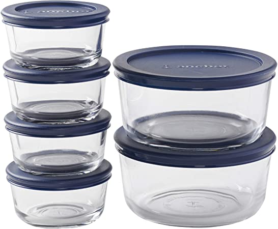 Photo 1 of Anchor Hocking Round Glass Food Storage Containers with Blue SnugFit Lids, (12-piece, mixed sizes, BPA and lead free, glass tempered tough for oven, microwave, fridge, and freezer)
