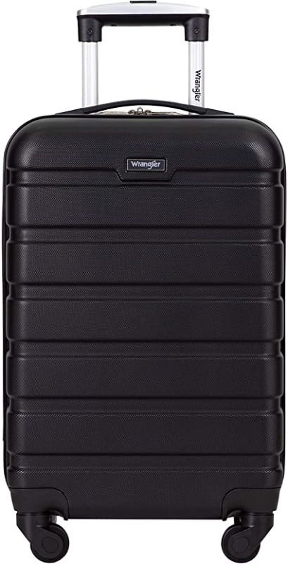 Photo 1 of Wrangler Hardside Carry-On Spinner Luggage, Black, 20-Inch. CRACKED OUTER SHELL. PRIOR USE.
