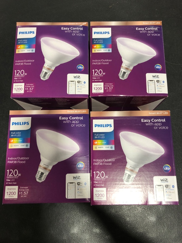 Photo 3 of Color and Tunable White PAR38 120W Equivalent Dimmable Smart Wi-Fi WiZ Connected LED Light Bulb. LOT OF 4. 
