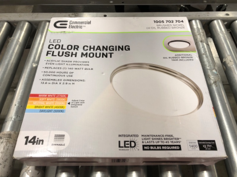 Photo 2 of 14 in. Brushed Nickel and Oil-Rubbed Bronze Selectable Integrated LED Flush Mount with Interchangeable Trim. PRIOR USE.
