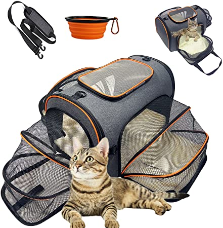 Photo 1 of Cat Carrier, 3 Sides Expandable Foldable Pet Carrier for Medium Cat Small Dog, Breathable TSA Approved Airline Approved Soft-Sided Pet Travel Carrier Bag Dog Carrier with Fleece Pad and Foldable Bowl
