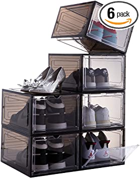 Photo 1 of Attelite Drop Front Shoe Box,Set of 6,Stackable Plastic Shoe Box with Clear Door,As Shoe Storage Box and Clear Shoe Box,For Display Sneakers,Easy Assembly,Fit up to US Size 12(13.4”x 10.6”x 7.4”)Black