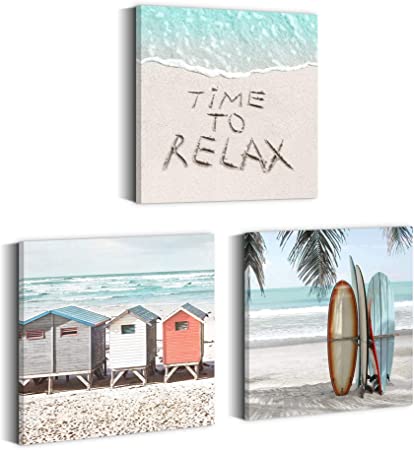Photo 1 of Bathroom Beach Canvas Wall Art - 3 Pieces Summer Seascape Artwork Colorful Surfboard Painting Tropical Ocean Wave Scenery Picture Relaxing Coastal Seashore Scene Prints for Bedroom
