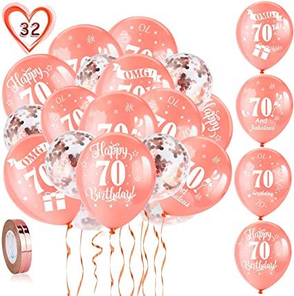 Photo 1 of 70th Birthday Balloons, Pack of 30 Rose Gold Birthday Balloons Latex Confetti Balloons & 2 Ribbons for Men Women Happy 70th Birthday Party Decorations Supplies
