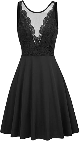 Photo 1 of GRACE KARIN Women Sleeveless Lace Patchwork Deep V-Neck A Line Flared Party Dress
