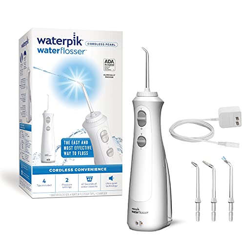 Photo 1 of Waterpik Cordless Pearl Rechargeable Portable Water Flosser for Teeth, Gums, Braces Care and Travel with 4 Flossing Tips, ADA Accepted, WF-13 White
