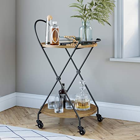 Photo 1 of Nathan James Sage Retro Mid-Century Round Rolling Bar Serving Cart with 2-Tier Trays and Powder Coated Metal Finish, Warm Walnut/Black
