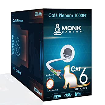 Photo 1 of Cat6 Ethernet Cable 1000ft Plenum (CMP) - 0.57mm 8C Solid Conductor, Tested with Fluke DTX 1800, 23AWG, 10 Gigabit, 4 Pair, 550MHz, Cat6 Plenum UTP White Networking Cable | by Monk Cables
