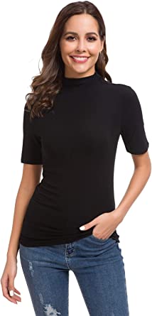 Photo 1 of LARGE Women's Half Sleeve Mock Turtle Neck Top Slim Fitted Cute Plain T Shirts