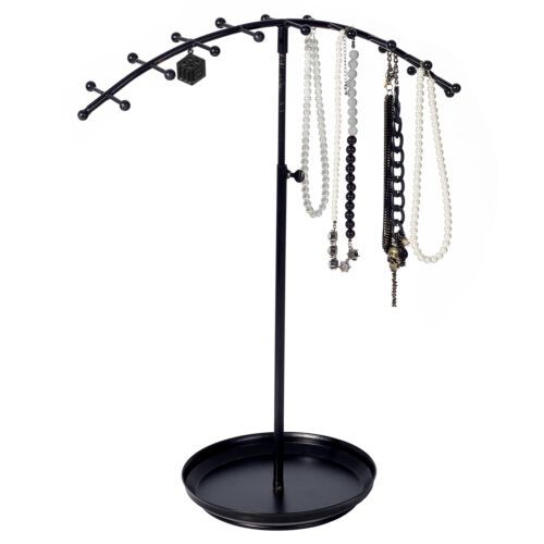 Photo 1 of MyGift Black Modern Metal Jewelry Stand Organizer, Necklace and Bracelet Hanging Rack with 18 Hooks, Ring Tray, Adjustable Height
