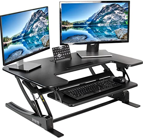 Photo 1 of VIVO Black Height Adjustable 36 inch Stand up Desk Converter Quick Sit to Stand Tabletop Dual Monitor Riser, DESK-V000V
