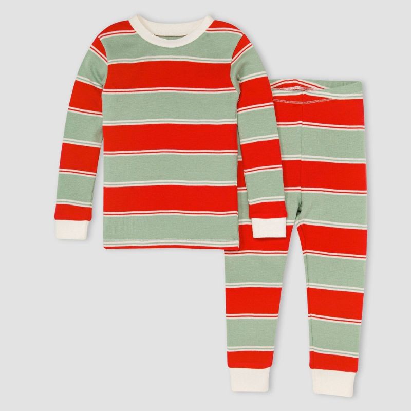 Photo 1 of 3T Burt's Bees Baby® Toddler Rugby Striped Organic Cotton Tight Fit Pajama Set - Red/Green
