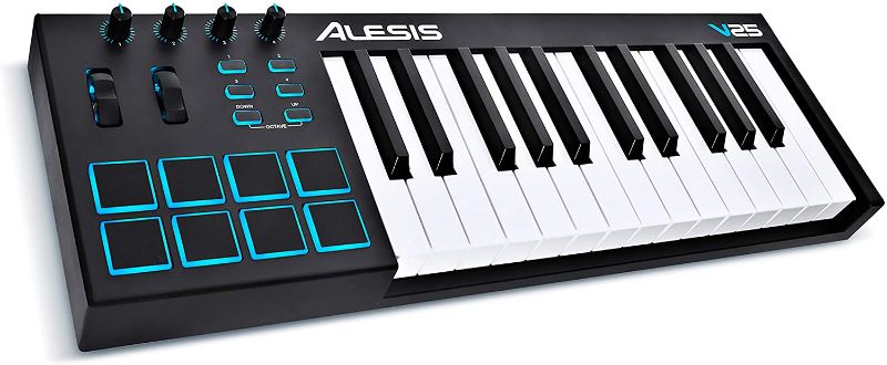 Photo 1 of Alesis V25 - 25-Key USB MIDI Keyboard Controller with Backlit Pads, 4 Assignable Knobs and Buttons, Professional Software Suite Included

