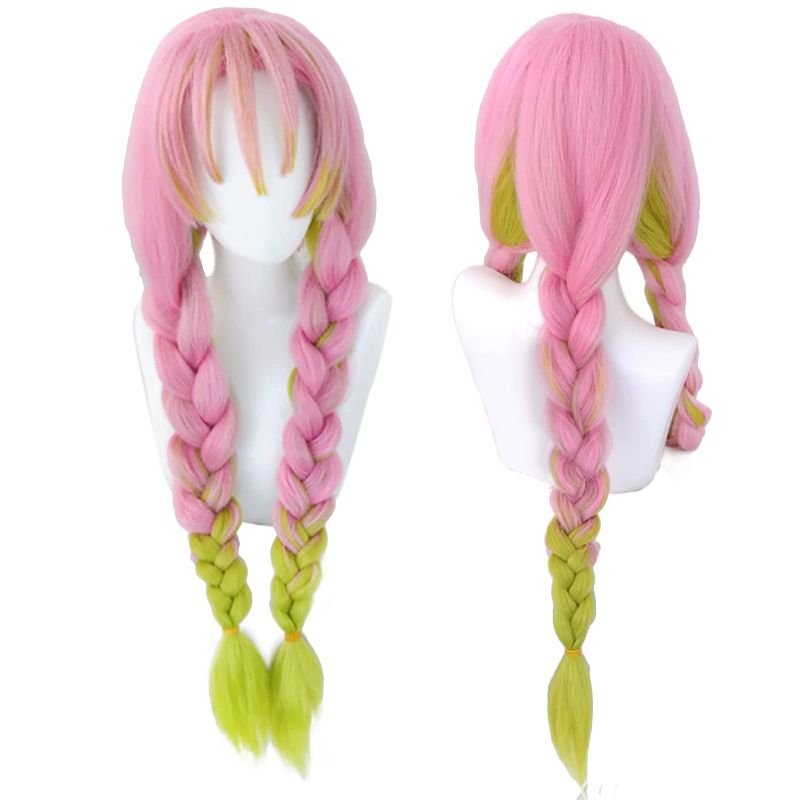 Photo 1 of Anogol Wig Cap+Pink Wig Cosplay for Girl Ombre Green Synthetic Wigs Hair Long Straight Braided Wiigs for Comic