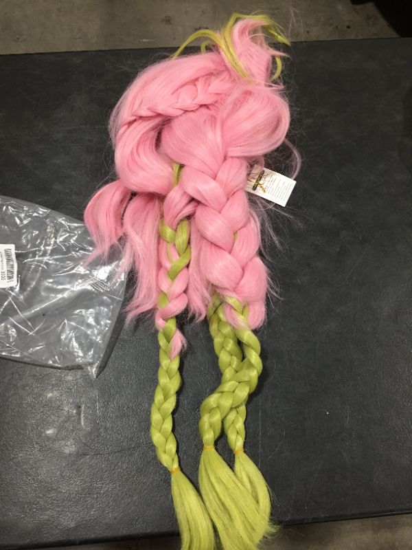 Photo 2 of Anogol Wig Cap+Pink Wig Cosplay for Girl Ombre Green Synthetic Wigs Hair Long Straight Braided Wiigs for Comic