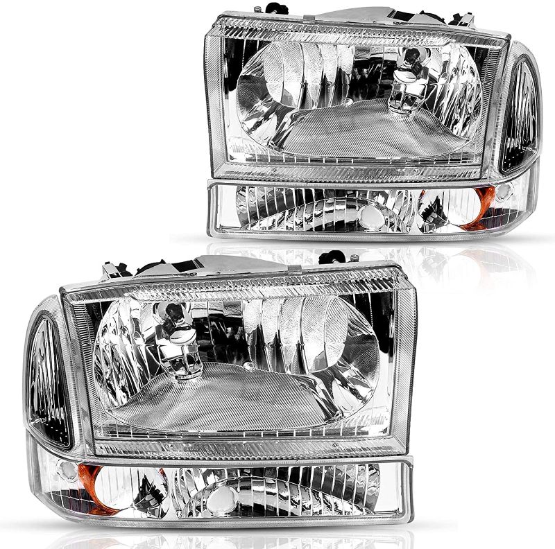 Photo 1 of 1 HEADLIGHT DWVO Headlight Assembly Compatible with 1999-2004 Ford F-250 F-350 F-450 F-550 Super Duty Pickup Truck + Signal Lamps Chrome Housing Clear Lens Amber Reflector
