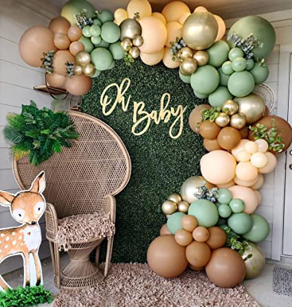 Photo 1 of 130PCS Jungle Safari Woodland Boho Birthday Baby Shower Theme Party Decorations Supplies for Boy, Brown Sage Olive Green Peach Boho Safari Woodland Balloons Balloon Garland Kit