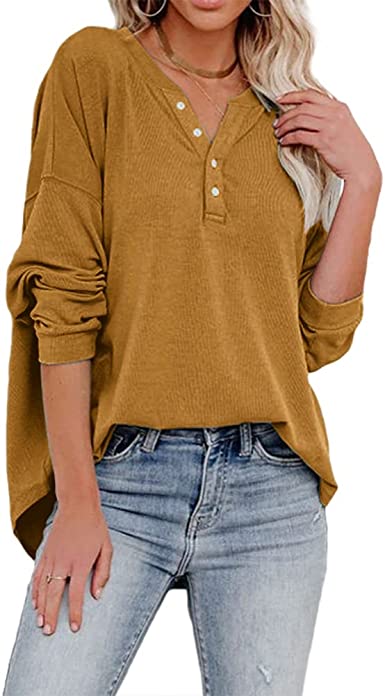 Photo 1 of 2XL - REVETRO Womens V Neck Sweatshirts Long Sleeve Henley Shirts Causal Button Down Tunic Tops