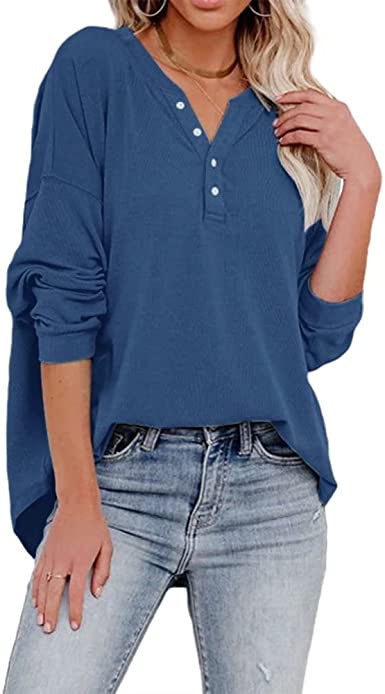 Photo 1 of 2XL - REVETRO Womens V Neck Sweatshirts Long Sleeve Henley Shirts Causal Button Down Tunic Tops