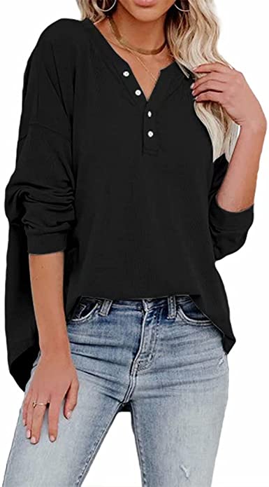 Photo 1 of 2XL - REVETRO Womens V Neck Sweatshirts Long Sleeve Henley Shirts Causal Button Down Tunic Tops