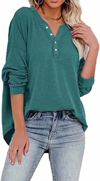 Photo 1 of 2XL - REVETRO Womens V Neck Sweatshirts Long Sleeve Henley Shirts Causal Button Down Tunic Tops