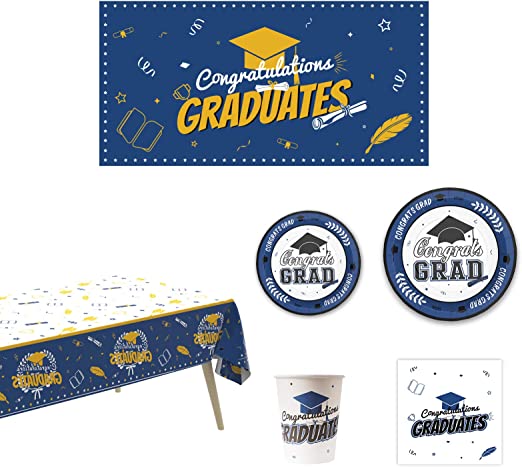 Photo 1 of 203 PCS Graduation Party Decorations 2022, Serves 50 Guests Graduation Plates and Napkins 2022 Graduation Party Supplies ,Graduation Banner Graduation Tablecloth,Cups with Gift Box,Graduation Napkins Plates
